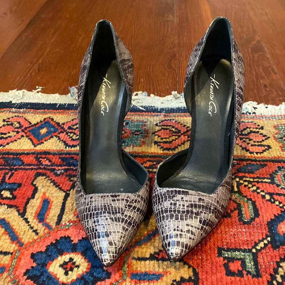 Gray snakeskin heels
